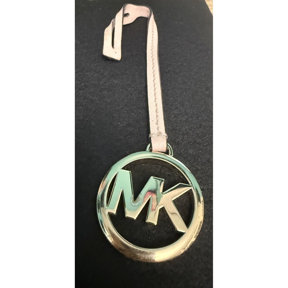 Michael Kors MK Logo Bag Charm Ballet Pink Saffiano Leather Gold Tone